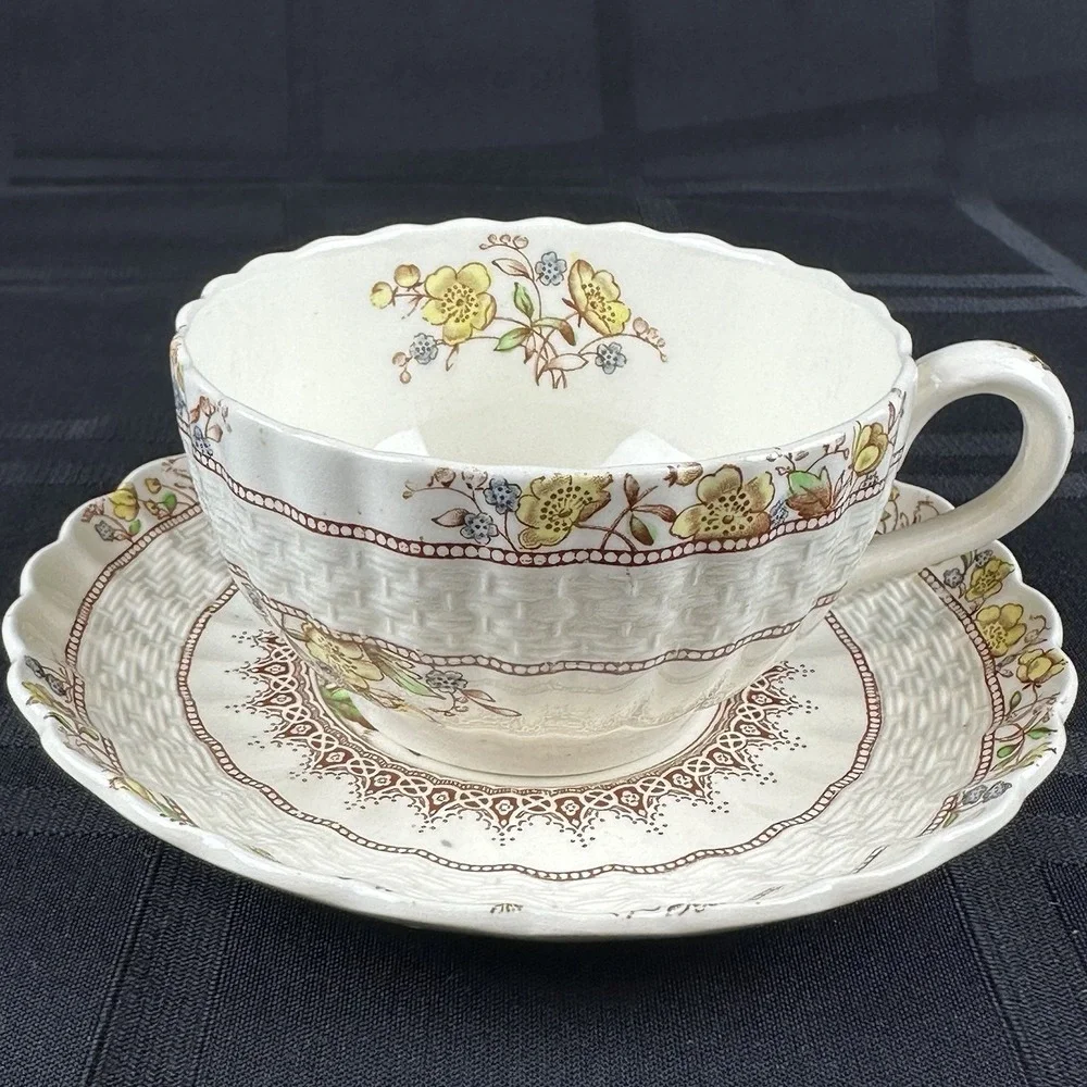 Spode Buttercup Teacup Saucer Set‎ Copeland England Scalloped Floral Old Mark